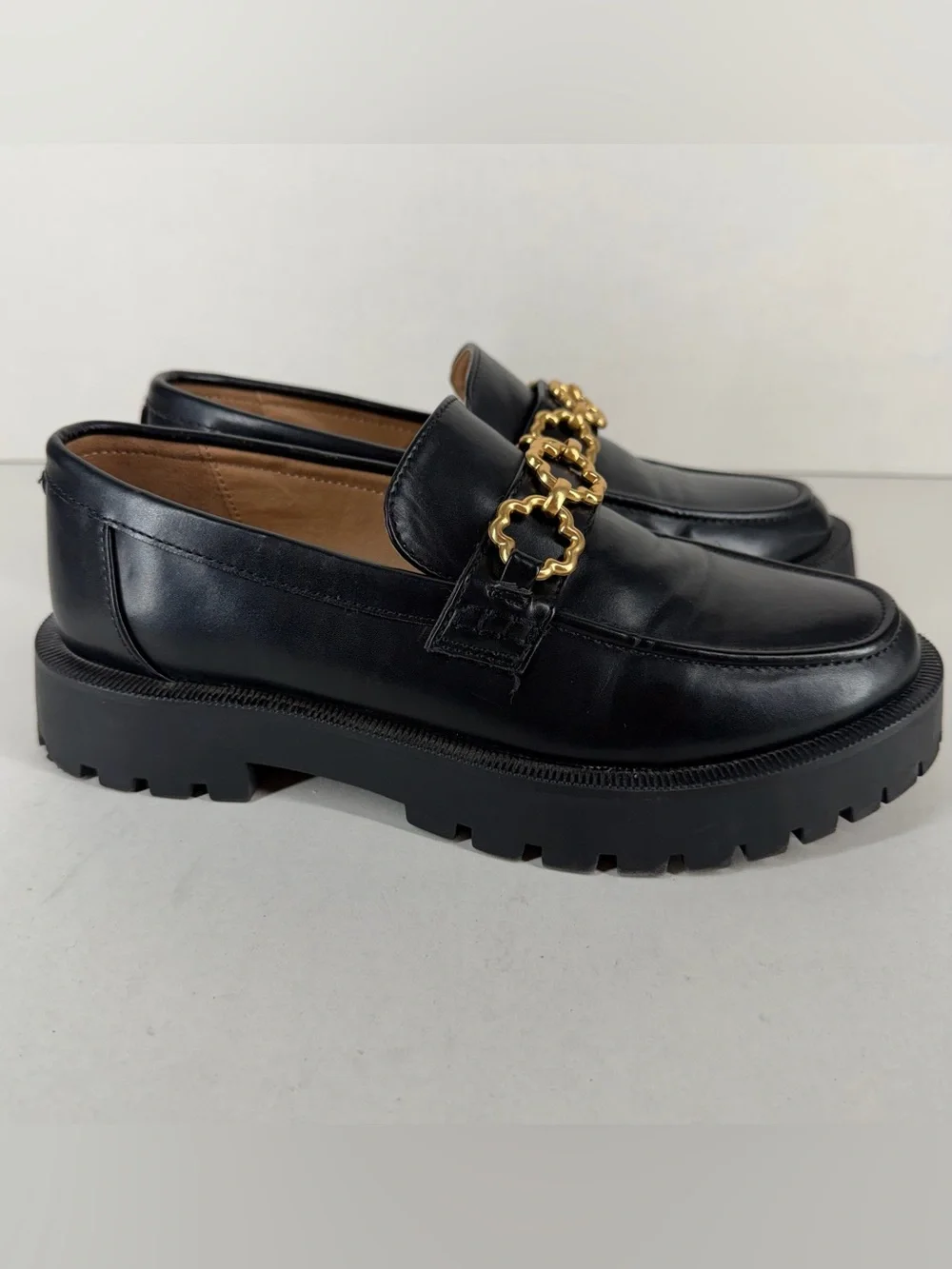 Y2K Loafers Womens Sam & Libby Black Chunky Lug Sole Gold Floral Chain